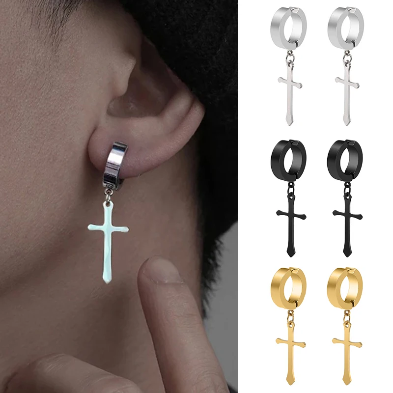 Fashion Titanium Steel Cross Ear Clip Earrings For Men Women Stainless Steel Punk Black Single Earring Fake Earrings Jewelry