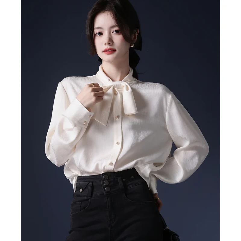 

Women's Clothes Shirt Spring Apricot Shirt Necktie Korean Fashion Vintage Female Long Sleeve Chic Casual Printing Blouse Tops