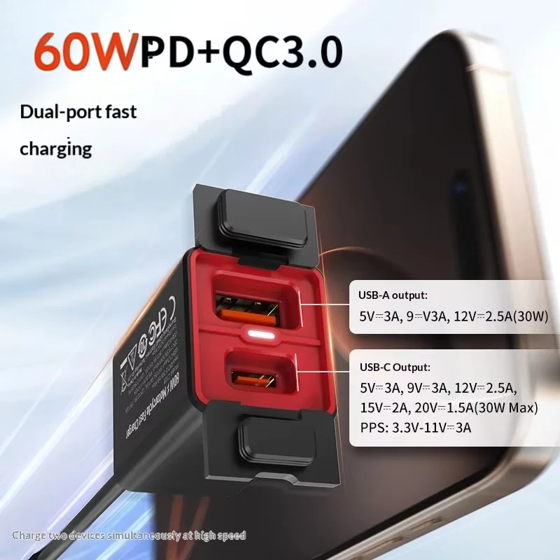60W Motorcycle USB Charger PD+QC3.0 Fast Charging IPX6 Waterproof USB-C Cable for 12V-24V Bikes