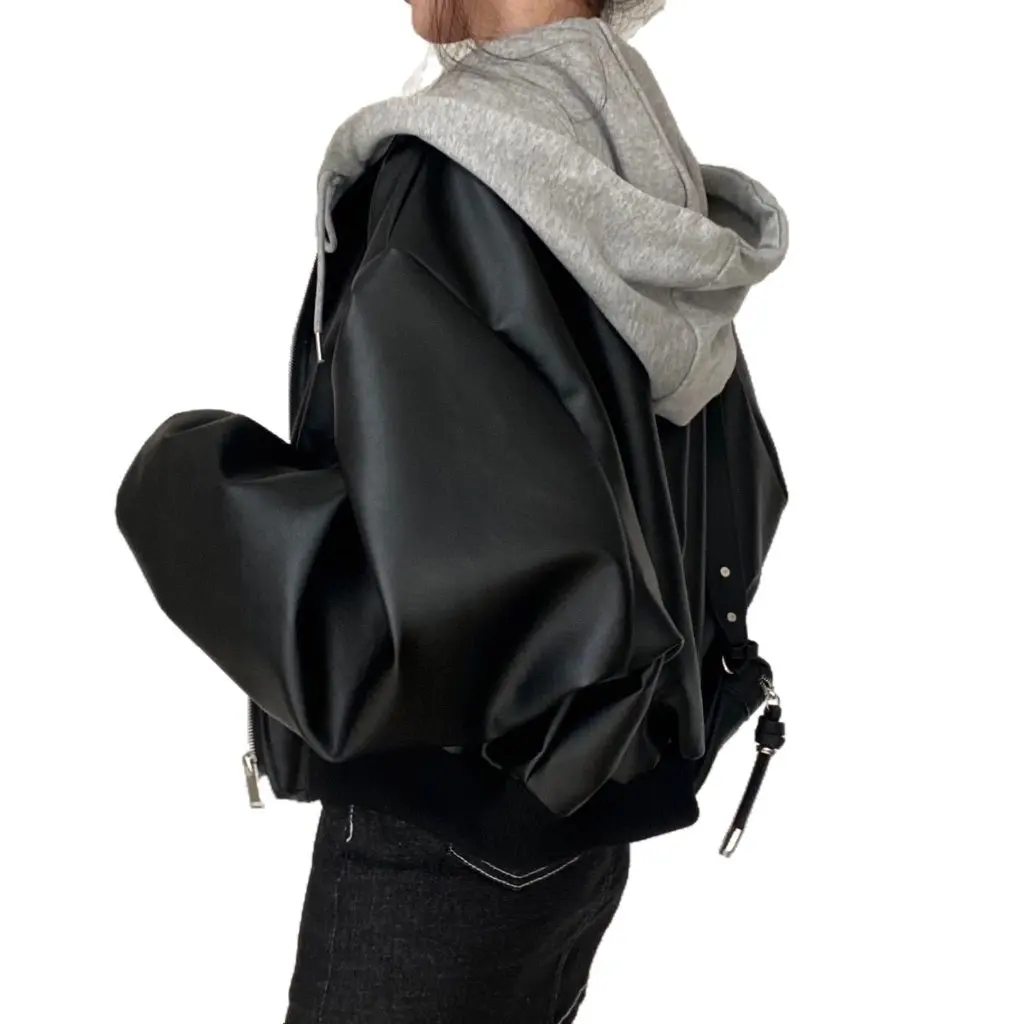 Korean Chic Autumn Winter Loose Retro Zipper Double Pocket Casual Versatile Short Fake Two-Piece Hooded Leather Jacket