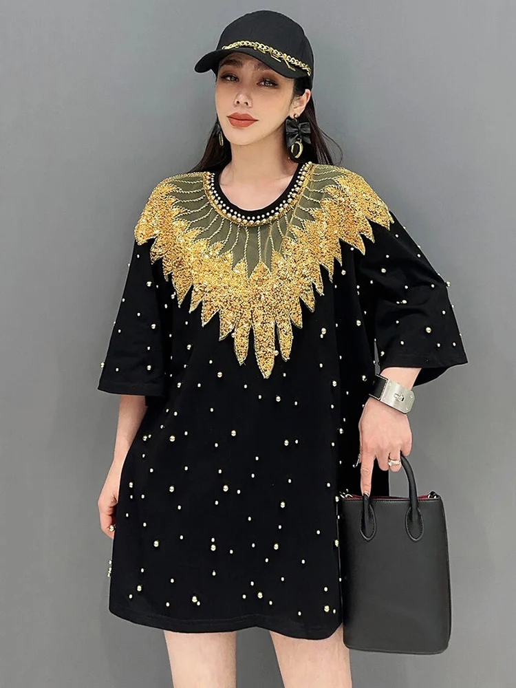 SHENGPALAE Magnificent Appliques T-shirt For Women Light Luxury O-neck Half Sleeve Embroidered Flares Tees Spring 2024 New R9398