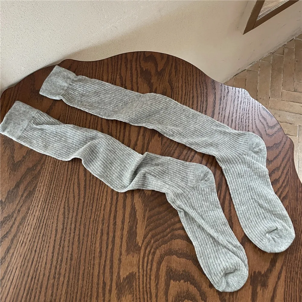 

1 pair Korean Spring Summer Stacked Socks Solid Color Vertical Striped Pile Socks Long Tube Socks Girl Stockings