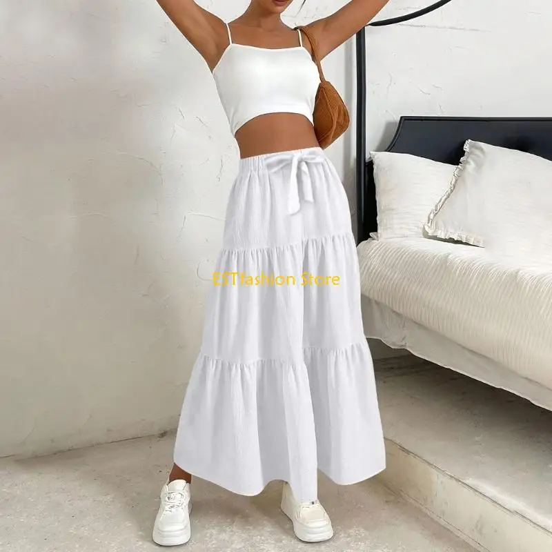 Y5GC Women's Elastic High Waist A Line Maxi Skirt with Retro Pleated Design Fashion Summer Dress for Casual and Vacation Wear