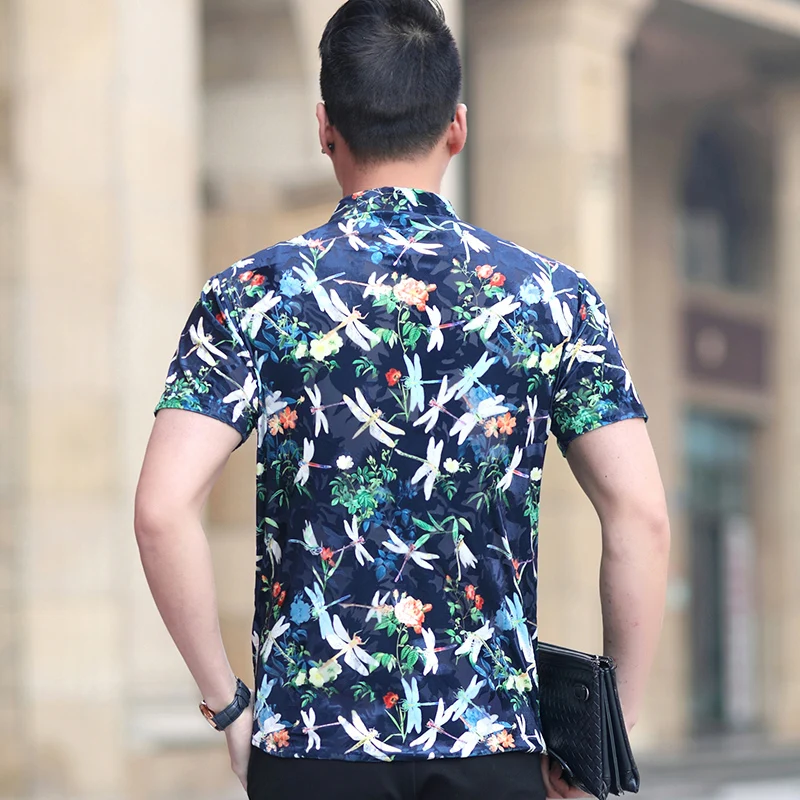 Hollow Breathable Dragonfly 3D Print Short Sleeved Shirts For Men Summer Quality Velvet Soft Comfortable Luxury Camisa Masculina