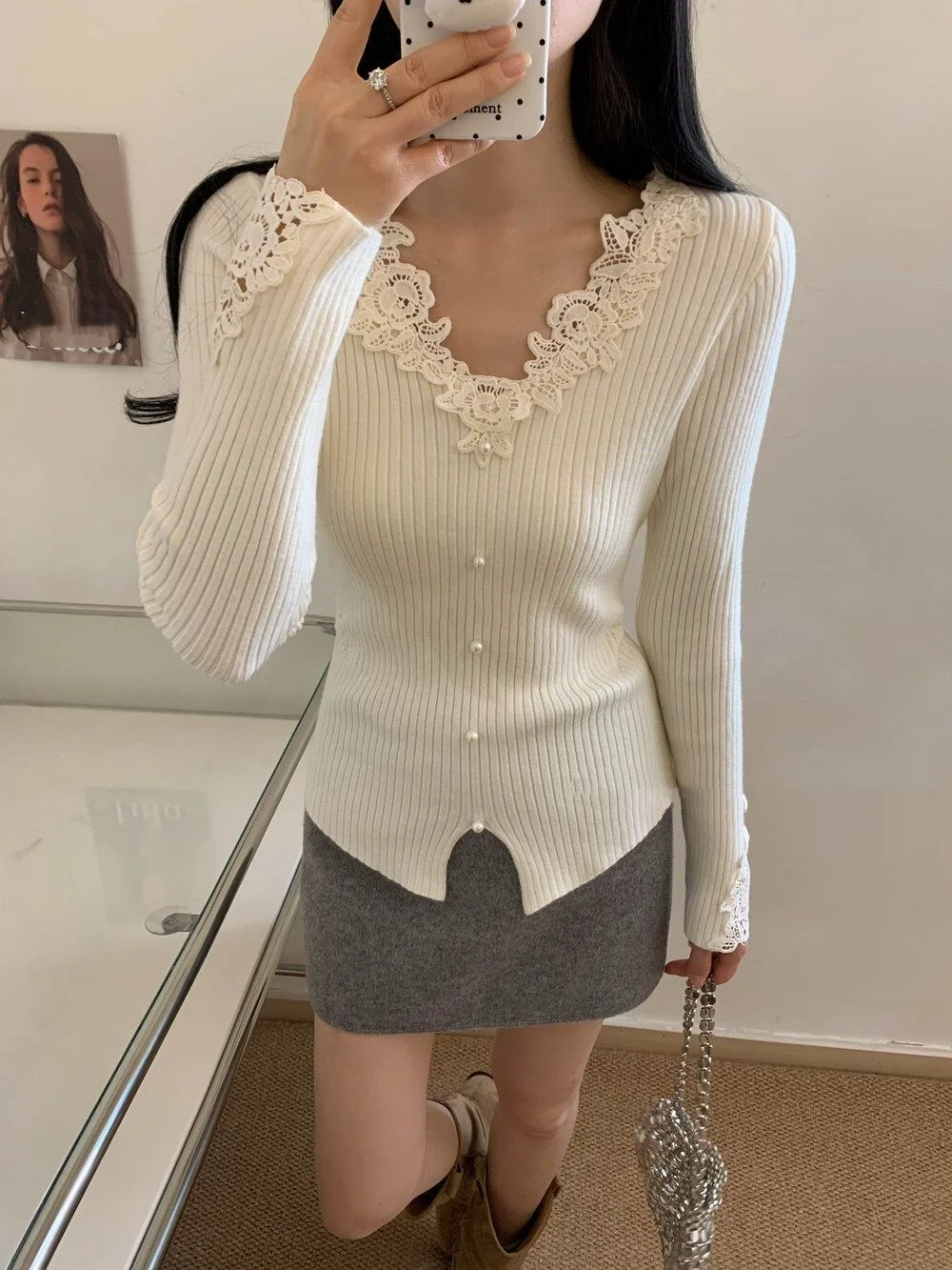 

Женский новый стильный кружевной топ с v-образным вырезом, облегающий вязаный базовый слой, модная внутренняя одежда, вязаная рубашка с длинными рукавами, топ
