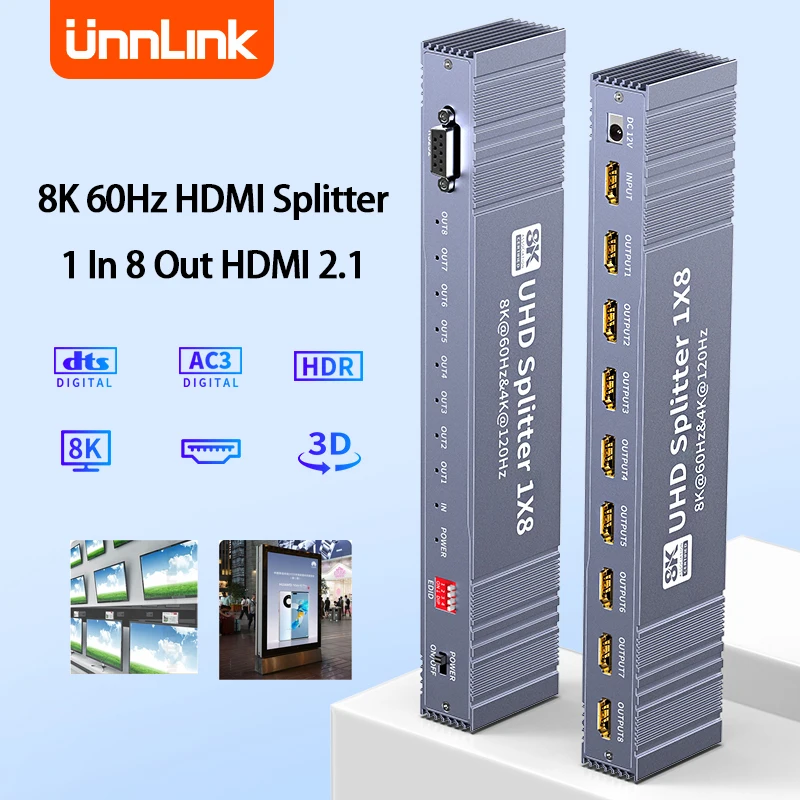 

Unnlink 8K 60Hz HDMI 2.1 Splitter 1x8 1 In 8 Out Video Splitter 8 Ports 1 Signal Share 8 Screens