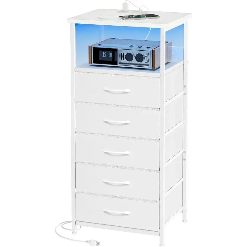 Indoor Nordic Minimalist 3 Drawers Tall Nightstand w/ Charging Station &LED Lights, w/ PU Finish Fabric Storage Drawers
