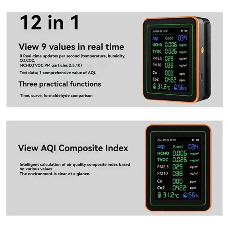 AC57-Air Quality 12 In 1 Air Quality Tester Temperature Humidity Meter CO/CO2/HCHO/TVOC/AQI/PM2.5/PM10