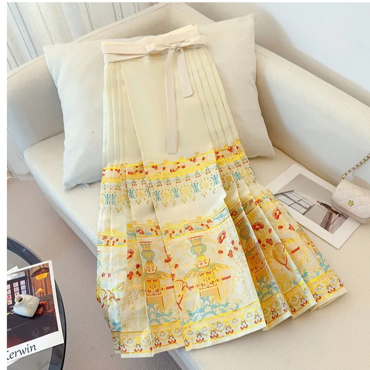 New Chinese Style Embroidered Silk Velvet Heavy Work Gold Color  Tailed Skirt High Waist A-Line Long Skirt for Women