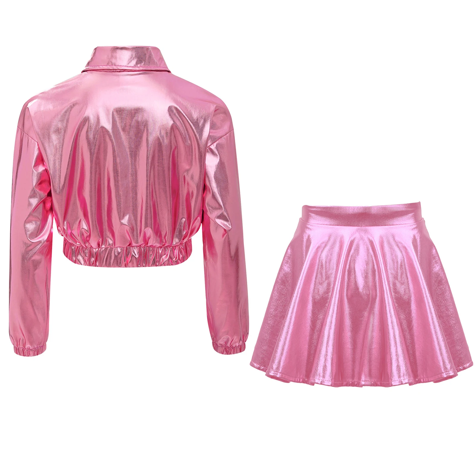 Teen Girls Metallic Hip-hop Jazz Dance Outfit Long Sleeve Zipper Jacket with Flared A-line Skirt for Stage Performance Costume
