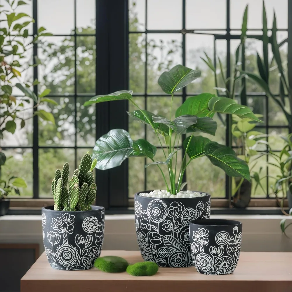 terracotta pots, 6.5+5+4.4 inch plant pots with drainage hole- floral pattern, black boho ceramic planters for indoor plants, fl