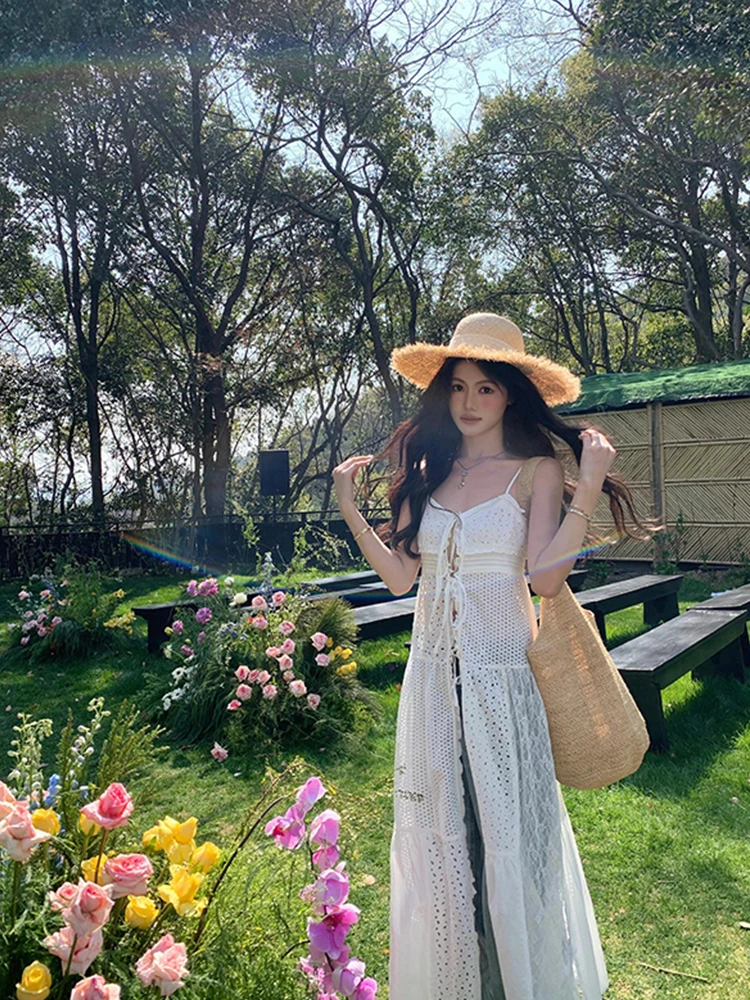 Süße Ballett-SLE-lange Oberbekleidung Dr. Damen-Sommer-Pendeln mit hoher Taille, aushöhlen, trägerlos, Dr. Midi-Rock, V Ne