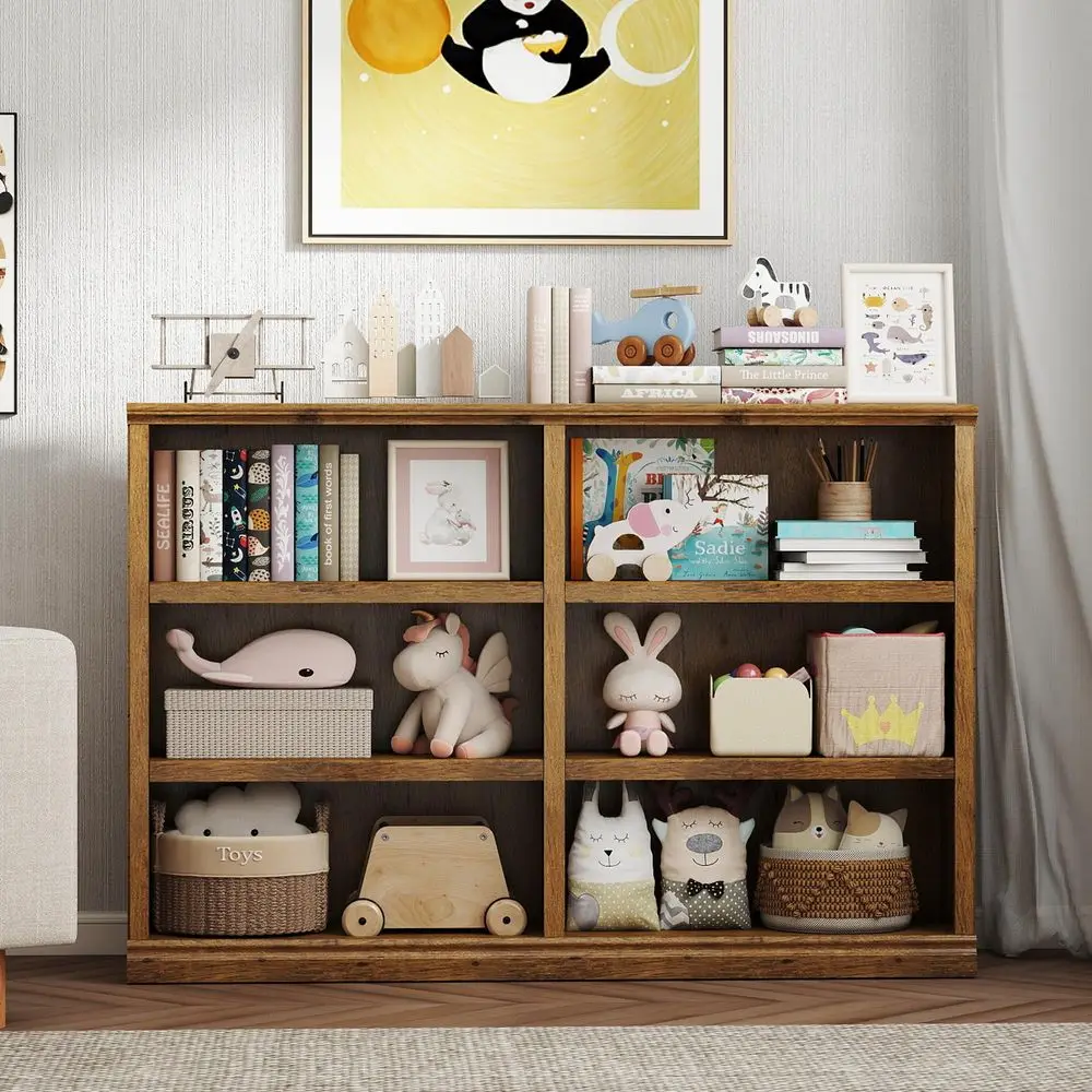 W Double Wide Horizontal Bookshelf, 3 Tiers 6 Storage Cube Book Case