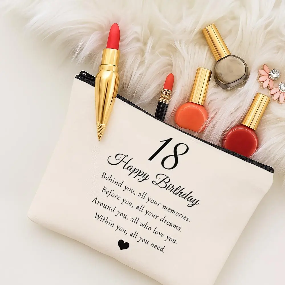 Elegant Typography Makeup Bag - Birthday Quote Zippered Travel Toiletry with Floral Design, Portable Cosmetic Pouch for Women