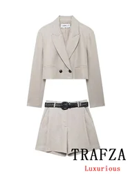 TRAFZA Vintage Women Suit Solid V Neck Button Short Blazer Sashes Straight Mini Skirt Shorts Fashion 2024 Autumn Office Wear Set