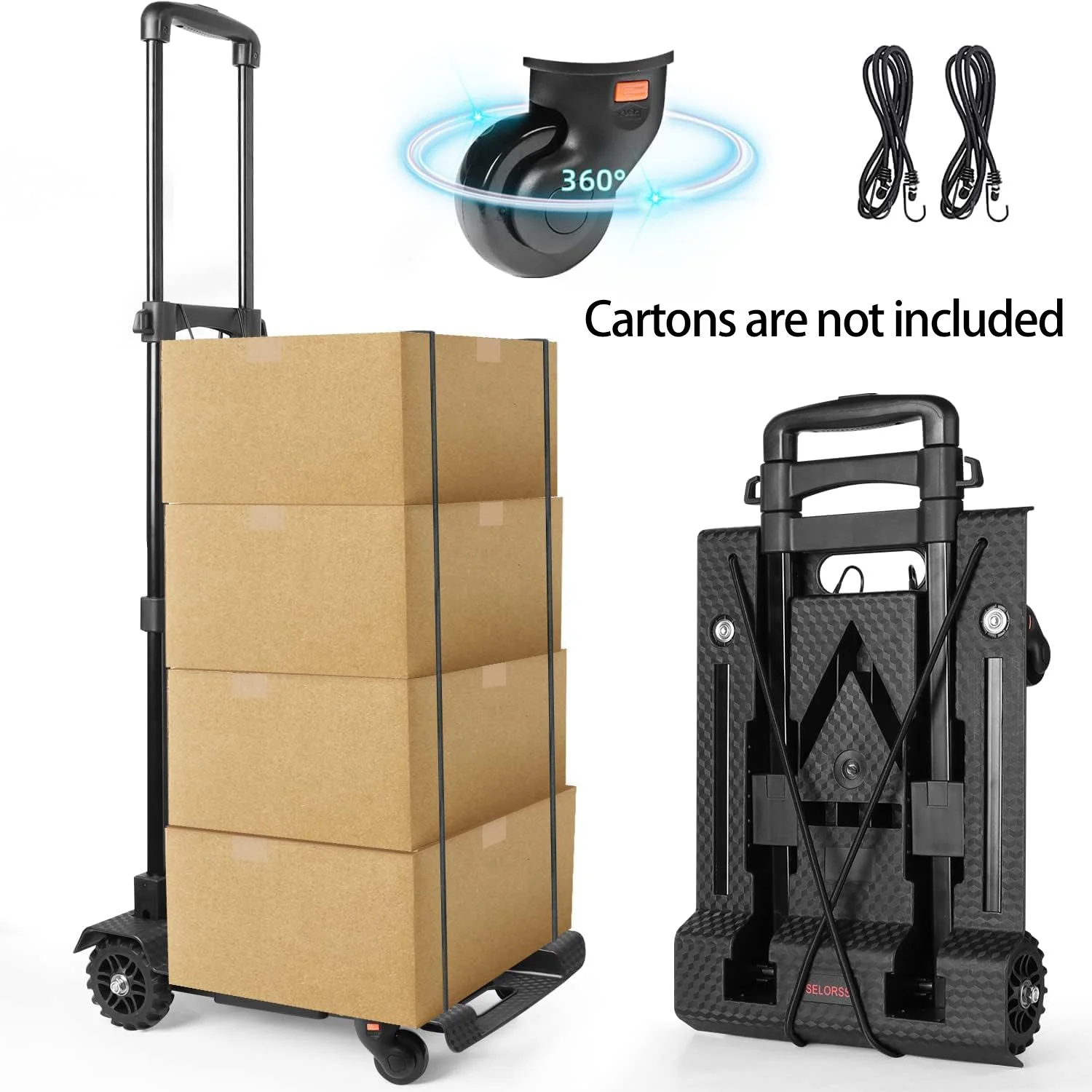 

SELORSS Hand Truck Portable Dolly Compact Utility Luggage Cart Detachable 360°Noiseless Rotate Front Wheel 4 Wheels