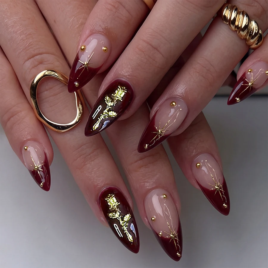 24-Piece Set of Burgundy Almond-Shaped Press-On Nails with Pink French Starburst and Gold Rose Decorations, Suitable for Daily Use and Parties, Includes Jelly Glue and Nail File