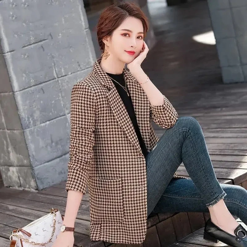 5XL Large Size Plaid Blazers Women Jacket 2024 NEW Spring Autumn Slim Suit Outerwear Korean Notched Collar Single Breasted Tops