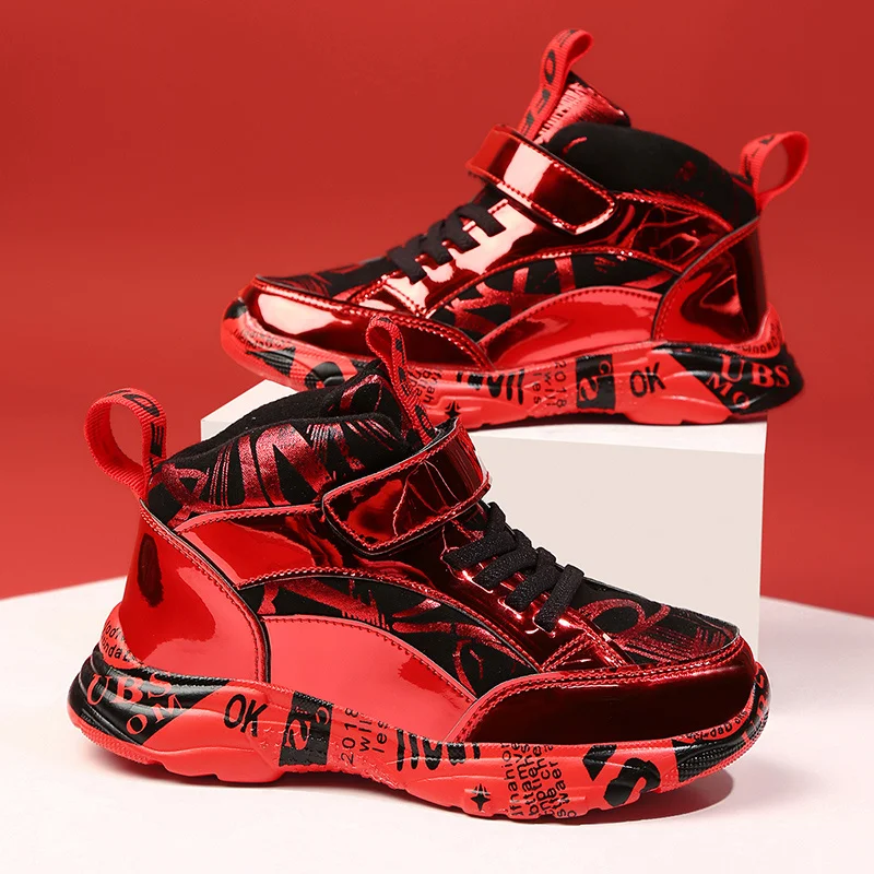 

Winter Plushed Red Sneakers Kids Hook Loop High Top Children's Running Shoes Fashion Print Sports Shoes For Kids zapatillas nina