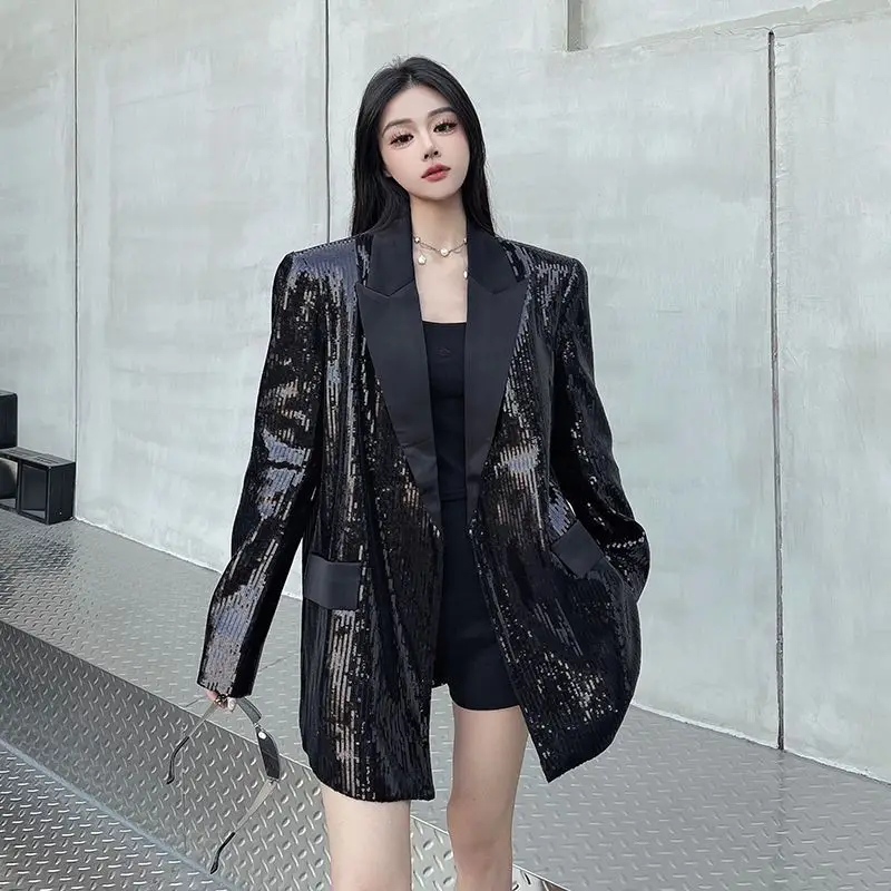 Design Sense Niche Black Sequined Blazer Women's 2025 Spring New Loose Temperament Shoulder Padded Suit Top