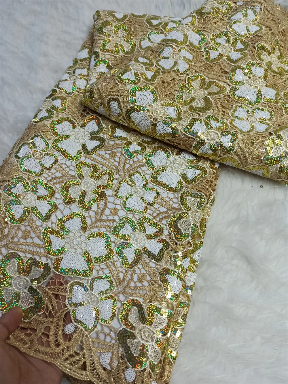 

2025 Latest High Quality African Nigerian With Tulle Sewing Lace Fabric Guipure Embroidery Dresses Sequins 5Yards JH0079