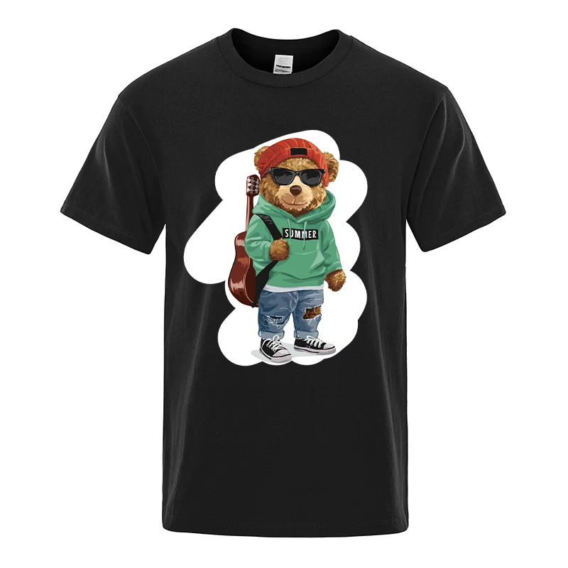 New Men's T-Shirt Teddy Bear Print Fashion Hip Hop Wear Short Sleeved Casual Street Wear Round Neck Top Summer Men's Clothing