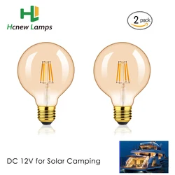 저전압 DC 12V 빈티지 G95 앰버 유리 램프 전구, 4W 에디슨 글로브 전구, 2200K 베이스 E27 LED 태양광 캠핑카 조명 램프, 2 개