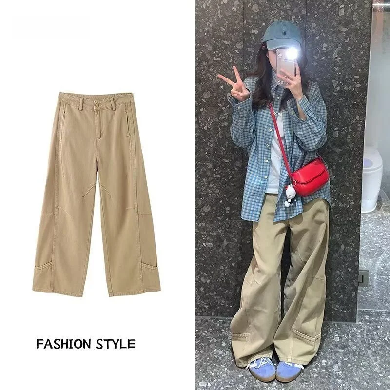 

Американские свободные джинсы с широкими штанинами в рабочем стиле для женщин, осенне-зимние, новые, с пэчворком, повседневные, прямые брюки