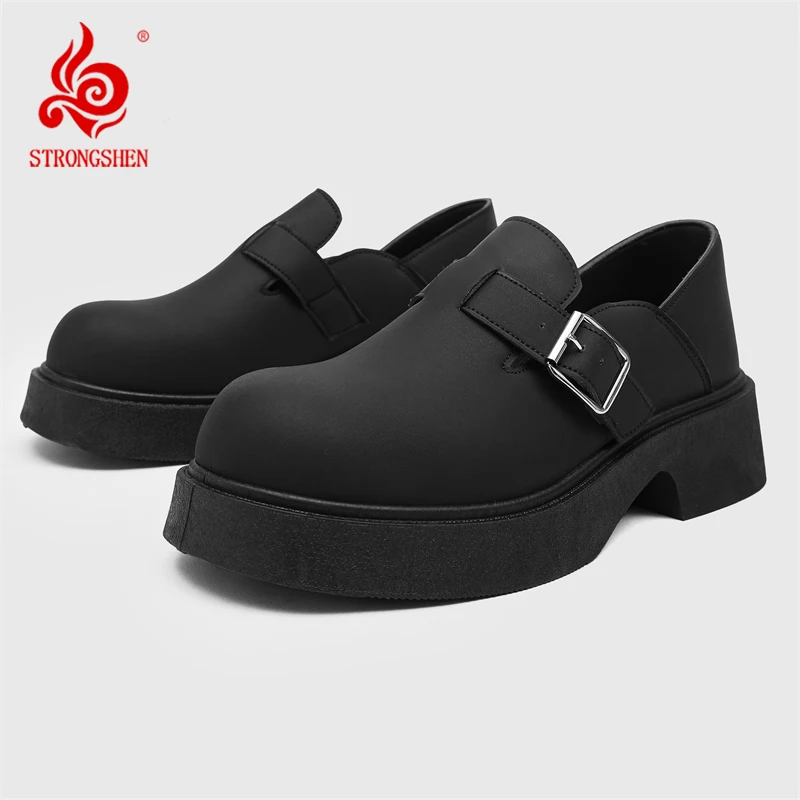 STRONGSHEN sepatu kulit buatan tangan baru pria sepatu pesta kepala bulat sepatu mode hitam antiselip Platform Oxfords kasual Derby 39-44