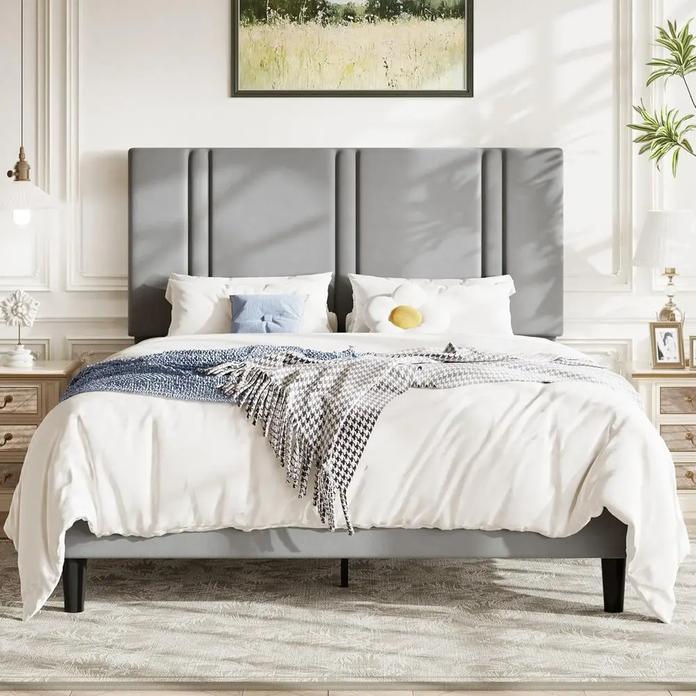 

Grey Velvet Upholstered Platform Bed with Adjustable Slats, No Box Spring Required, Easy Assembly