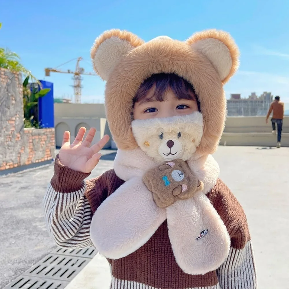 

Unique Solid Color Bear Hat Fashion Design Korean Style Children Fleece Hat Cartoon Cloth Accessories Hat with Scarf Boy