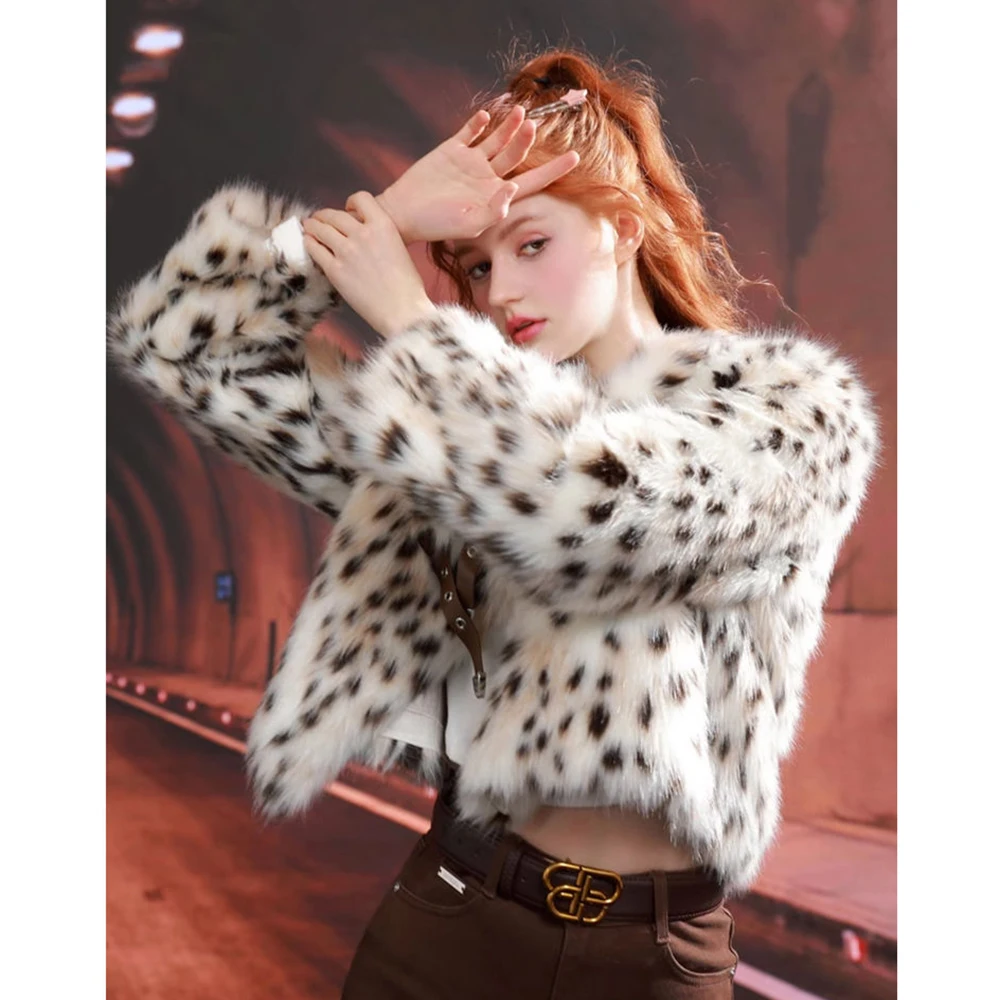 Women\'s Fur Imitation Fox Fur Coat Lapel Warm Fur Coat European And American Leisure Leopard Print Short Motorcycle Clothing Tid