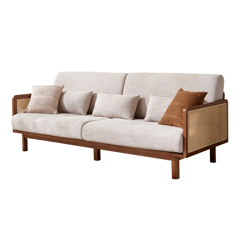 

Nordic solid wood rattan sofa double three-person living room retro quiet wind small apartment fabric sofa simple