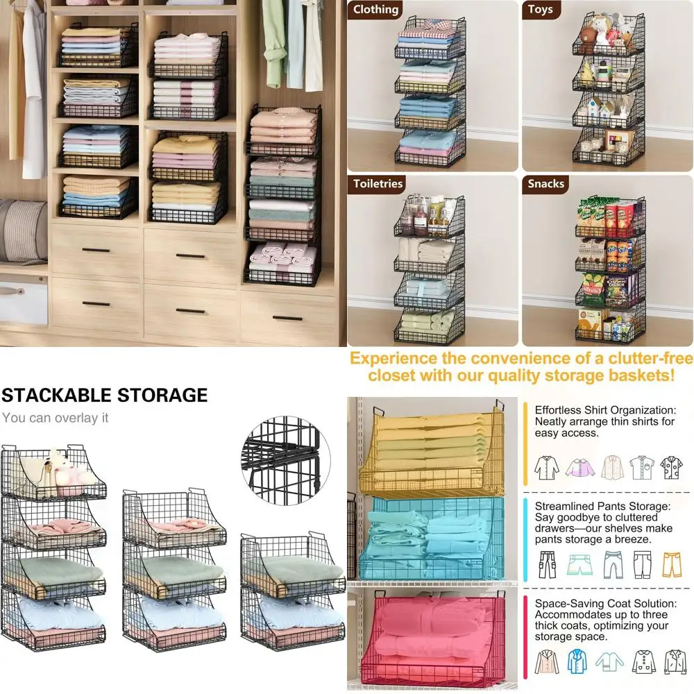 

Stackable Wire Baskets for Closets, Storage Bins, Clothes, Toys, and Snacks - Rustic Black Metal Organizers and Shelves