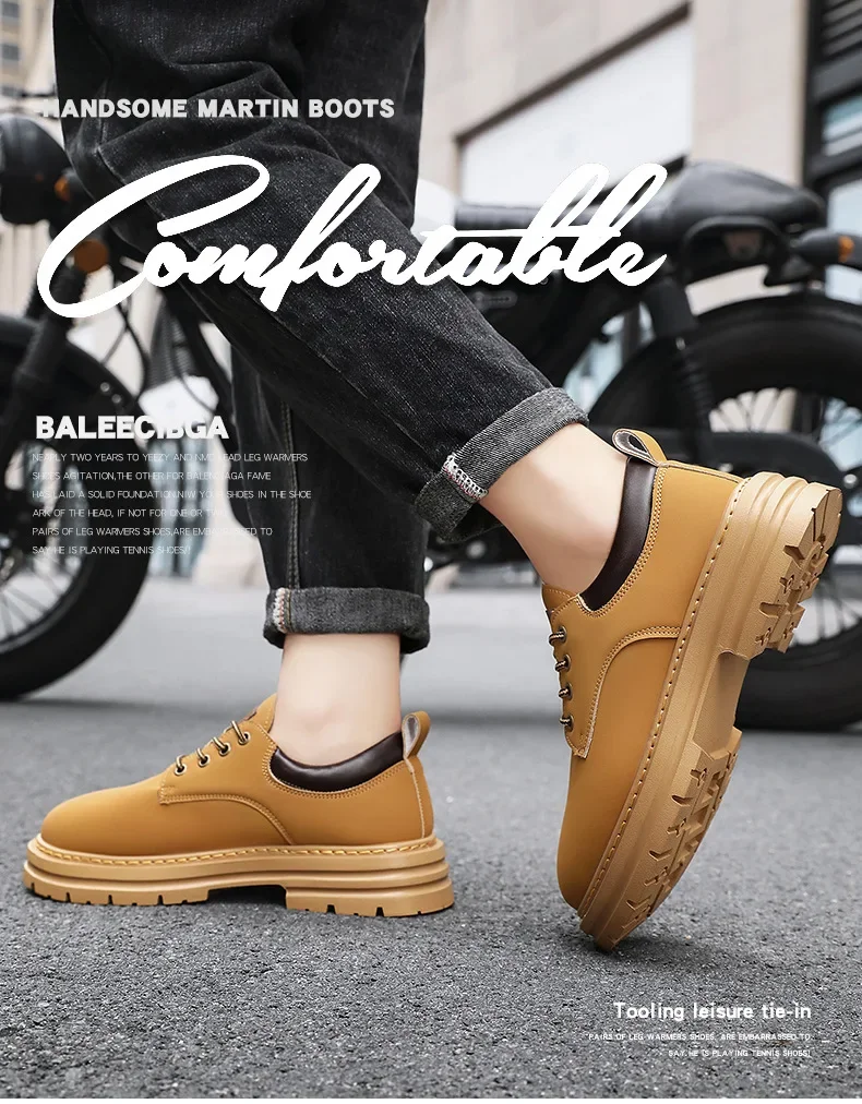 Men's autumn Short PU leather boots British workwear shoes Ankle boots low top flat sole board shoes retro versatile shoes