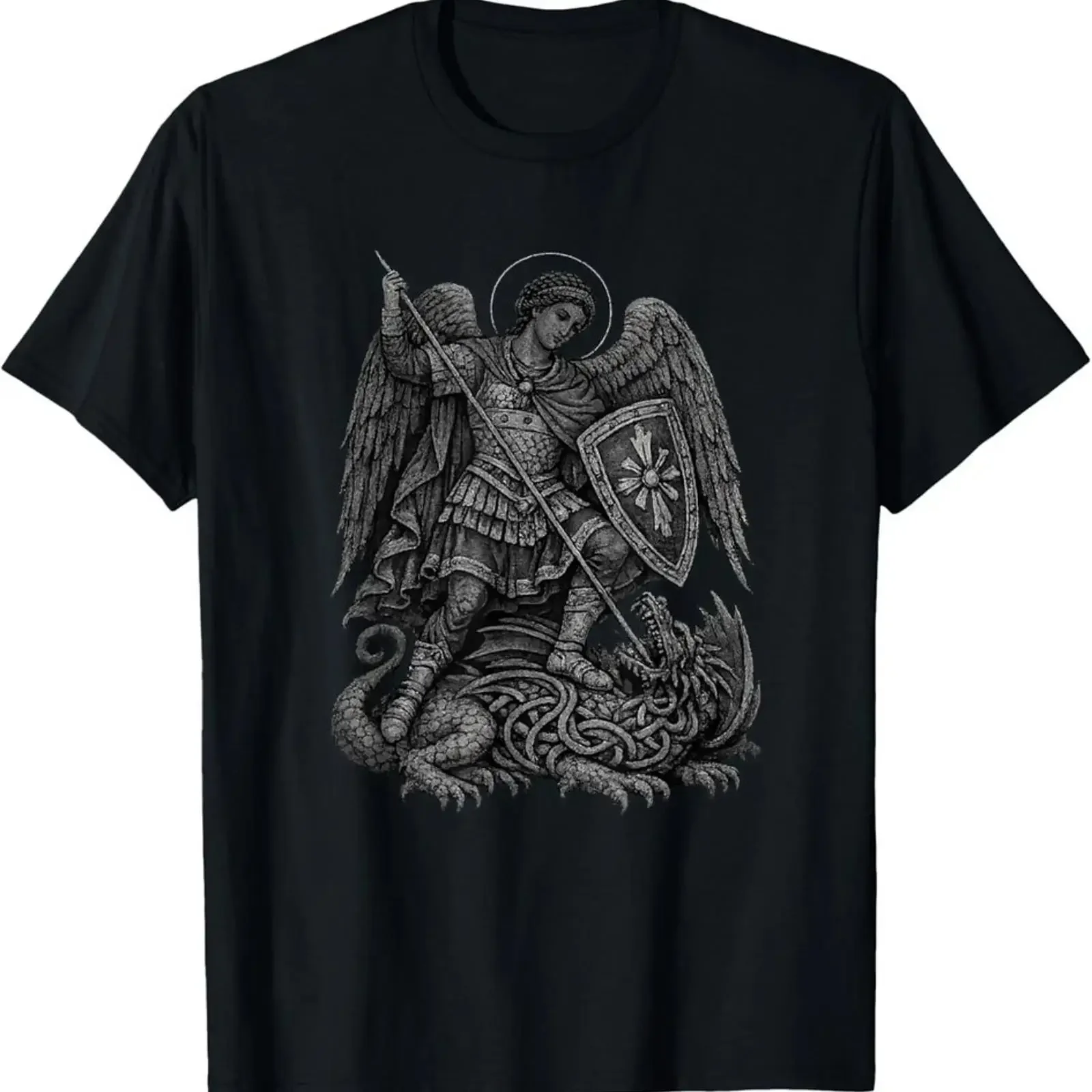 St Michael Defeating the Dragon Catholic Christian Grunge T Shirt vintage Washed Top For Everyday Wear graphic fashion Stylish