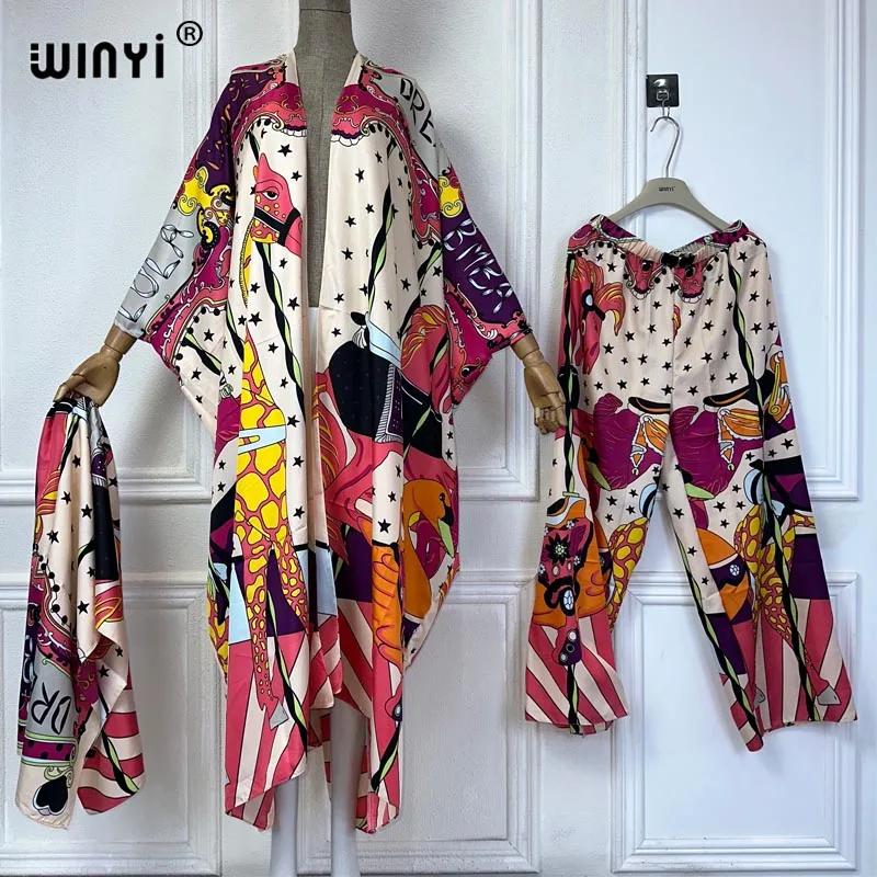 Summer WINYI Printed kimonos 2 Piece Set Women Long Cardigan And Wide Leg Pant Sets Elegant Pants Suits beach cover up dress