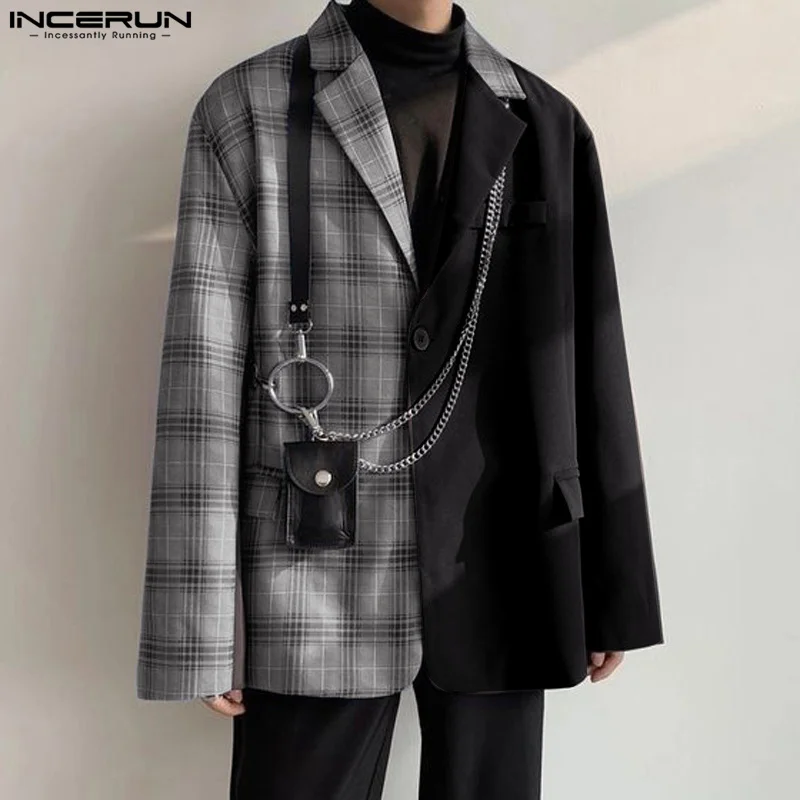 Incerun-メンズチェック柄パッチワークブレザー、ラペル、長袖、ワンボタン、カジュアルなメンズスーツ、ルーズストリートウェア、ファッションコート、S-5XL、2021