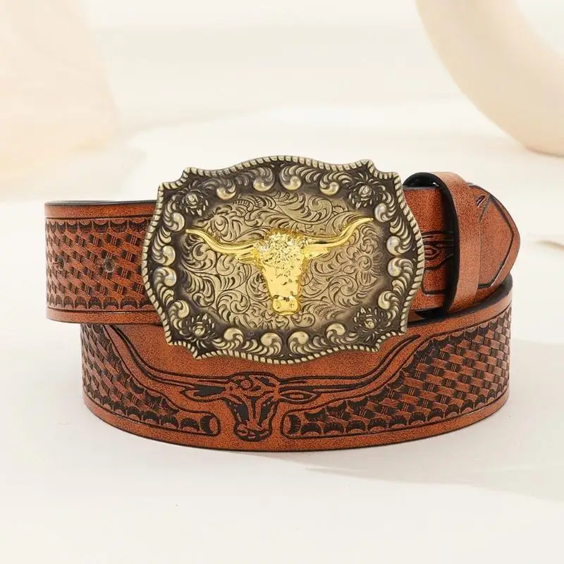 39BD Western Engraved Tooled Leather Belt Strap or Belt,Western Cowboy PU Leathers Belt Men Waist Strap for Jeans