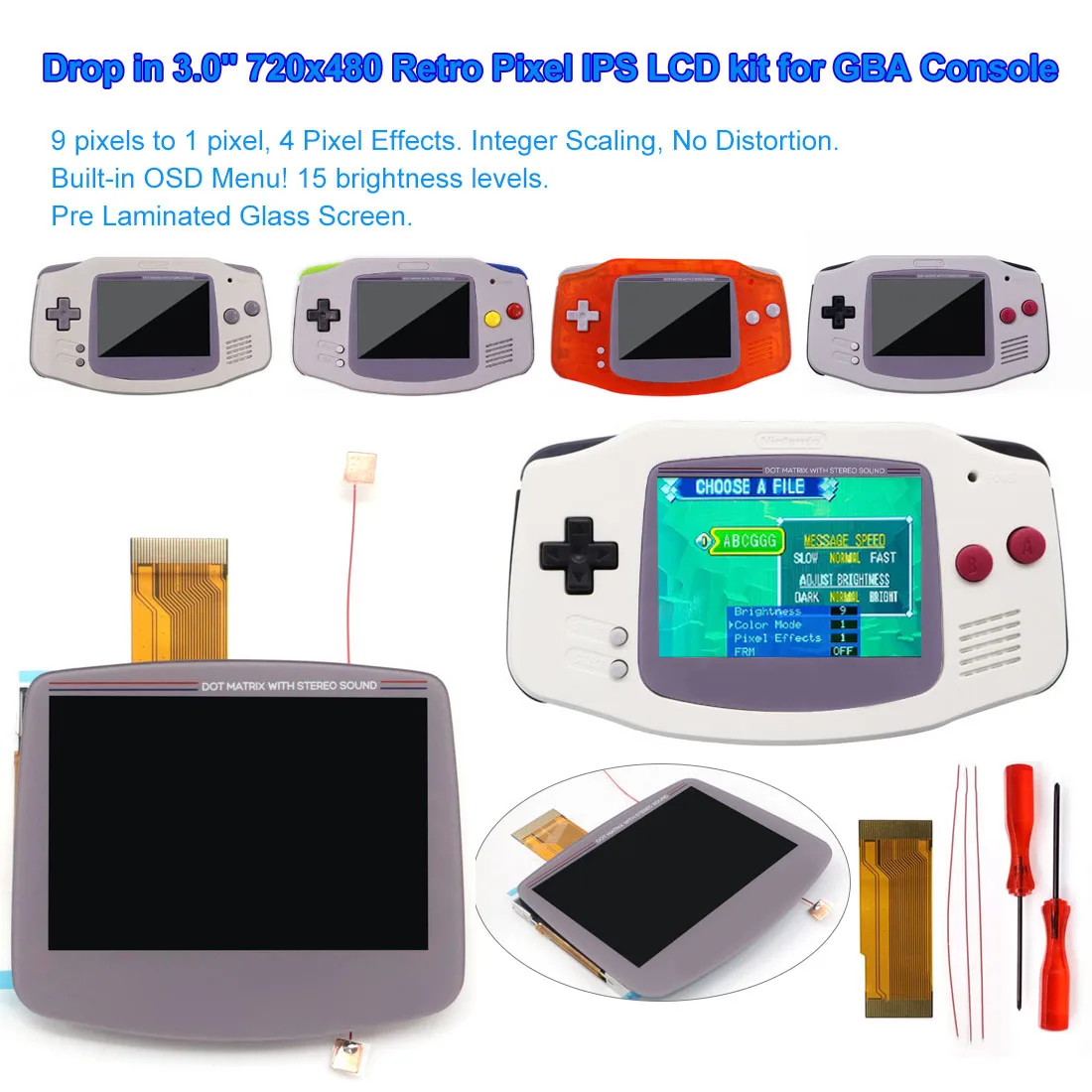 The BEST Laminated IPS Kit By Far  V5 Drop-in GBA IPS LCD display Kit  720*480  for Gameboy ADVANCE  OSD menu with SFC DMG glass