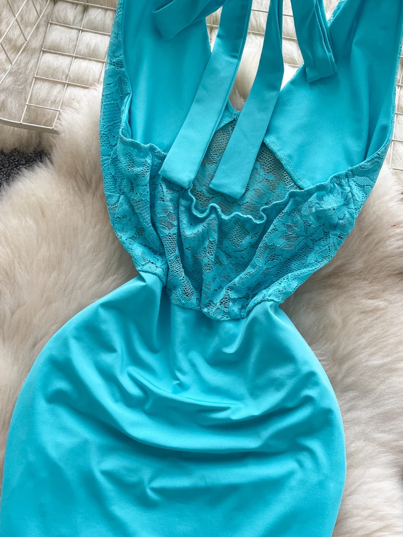 Foamlina Sexy Hollow Out Floral Lace Patchwork Dress Women Fashion Summer Lace-up Halter Sleeveless Backless Mini Bodycon Dress