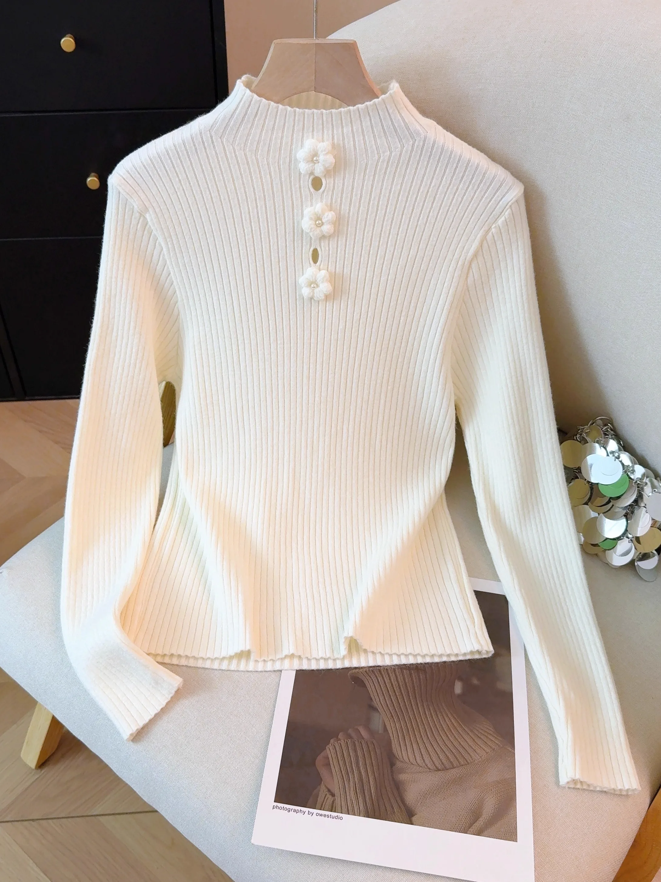 

Elegant Half High Neck Knitted Base Shirt Women's Autumn Winter New Style 3D Flower Hollow out Inner Wear Slim Fit Top