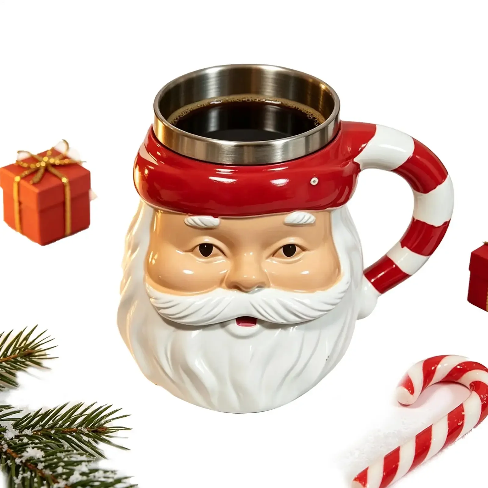 3D Santa Face Christmas Mug Resin Outer Stainless Steel Inner Coffee Cup Holiday Drinkware Xmas Party Gift For Friends Family
