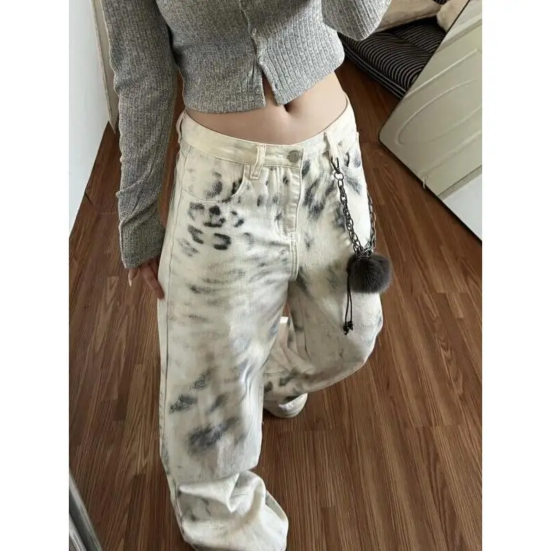 Leopard Print Style Trousers Autumn and Winter Commuting Retro Woolen Plaid Trousers Loose Straight Drawstring Casual Trousers