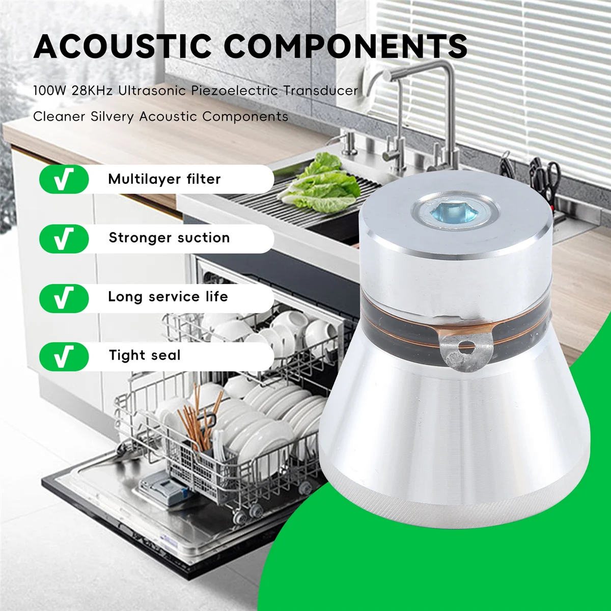 componentes acústicos prateados do líquido de limpeza piezoelétrico ultrassônico do transdutor de 100W 28KHz