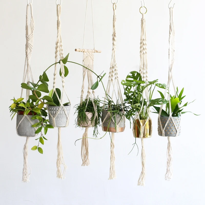 1Pcs Macrame Plant Hanging Basket Cotton Rope Hanger Flower Pot Handmade Macrame Pot Pocket Wall Boho Courtyard Home Decor