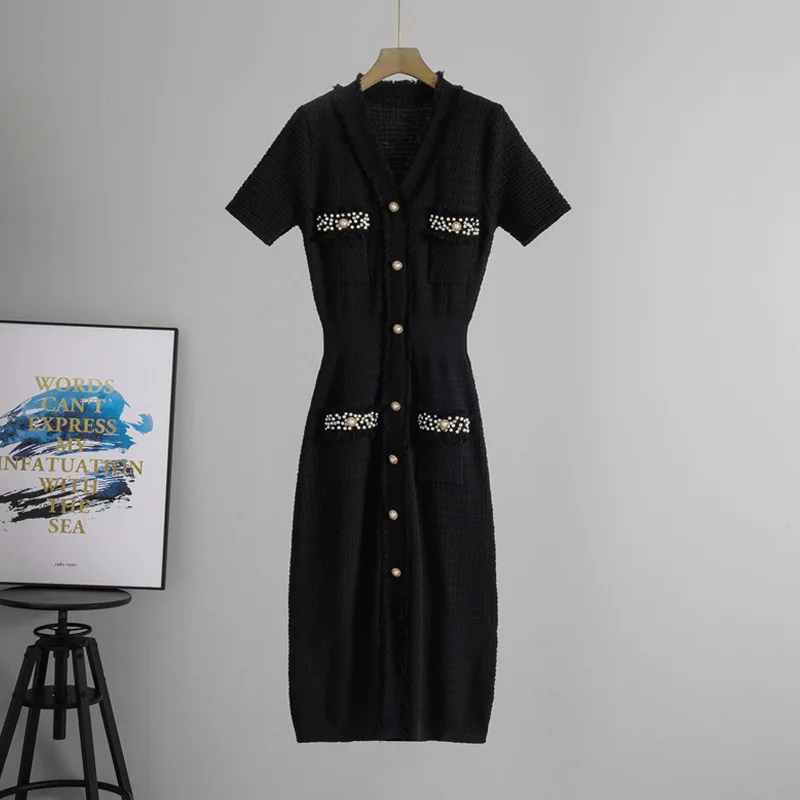 

Повседневное простое и элегантное вязаное тонкое платье с v-образным вырезом