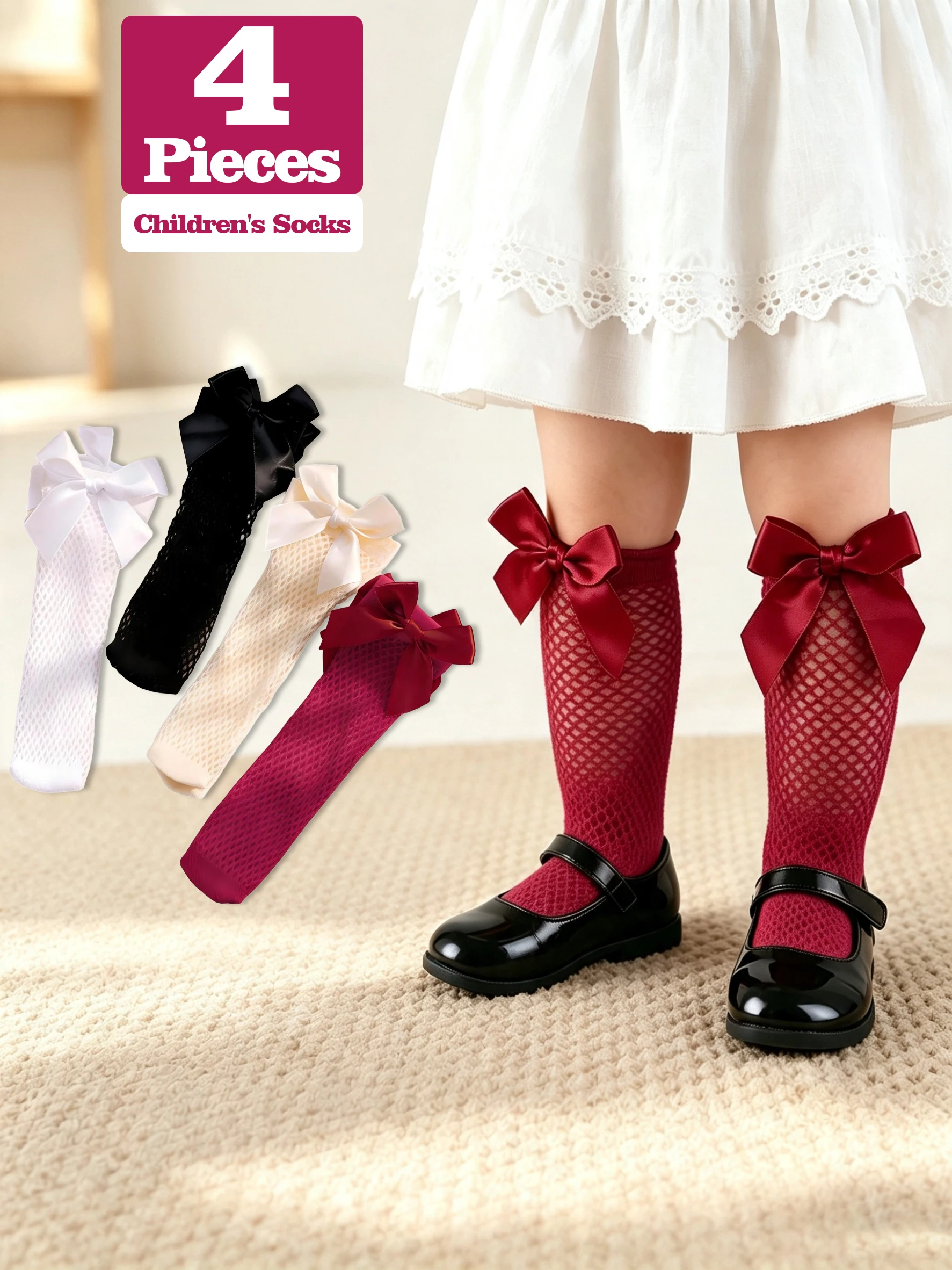 4Pairs Kids Fishnet Mid Calf Socks Big Bow Decor Breathable Mesh Socks Cute Girls Hollow Knee High Socks Spring Summer For 1-8Y