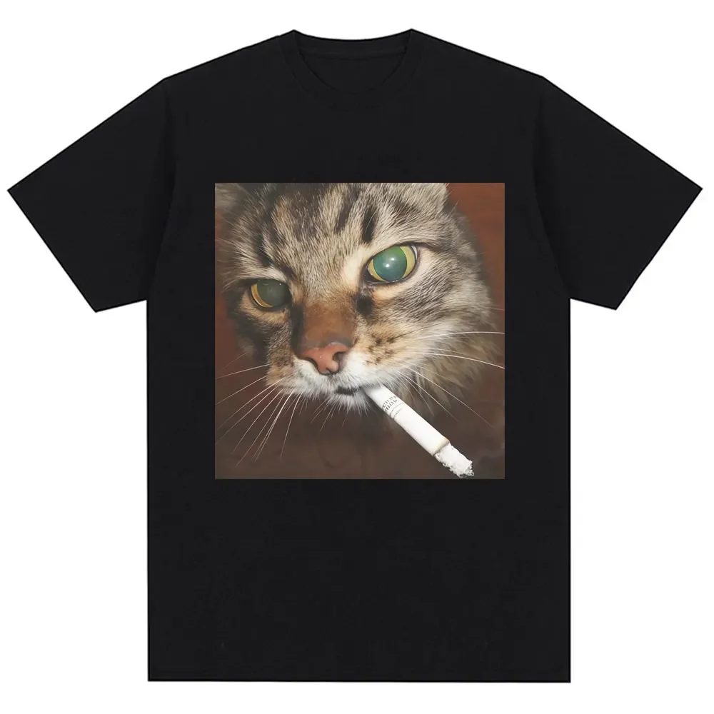

Men and women's fashionable retro T-shirts, pure cotton casual T-shirts, streetwear, interesting smoking cat Meme graphic T-shir