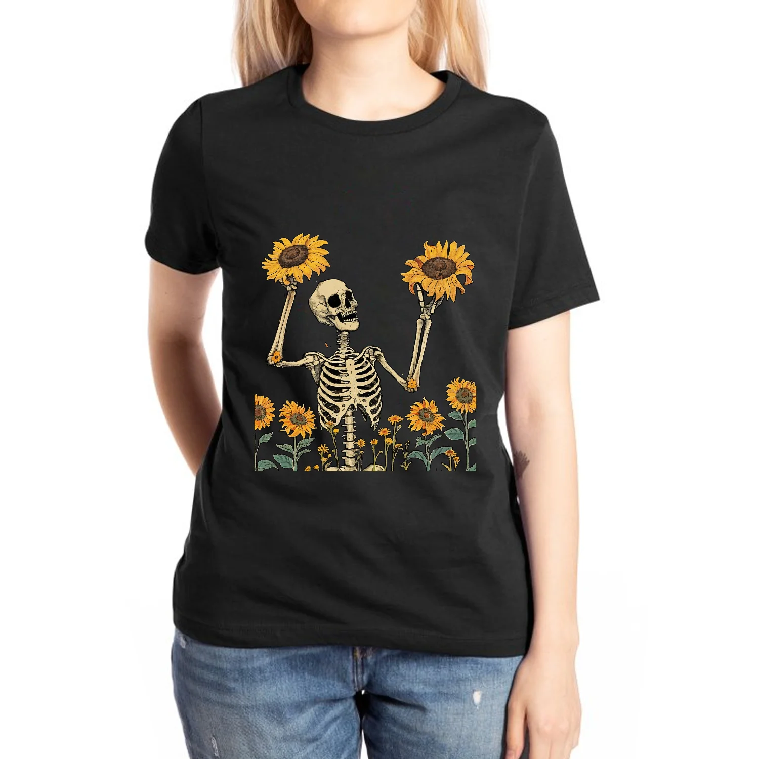 Summer Casual T-shirts,  Berserk Women Short T-shirts Skull Sunflower Graphic Print TShirt, Short Sleeve,100% Cotton, Oversided